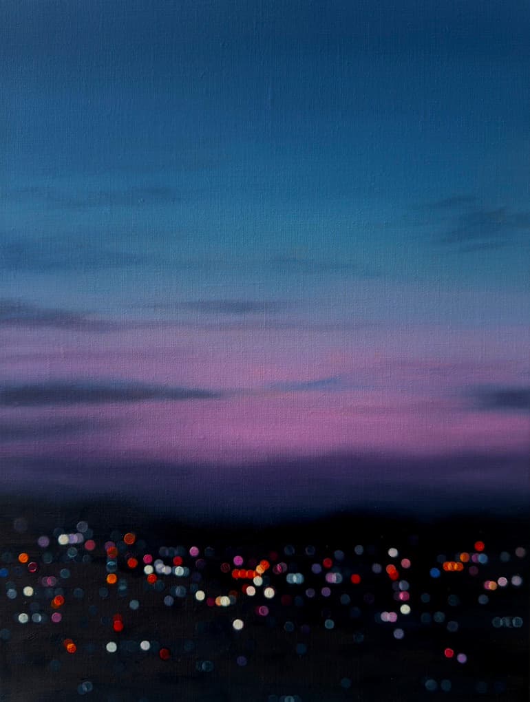 Painting of a twilight sky fading blue to purple above colorful blurred city lights.