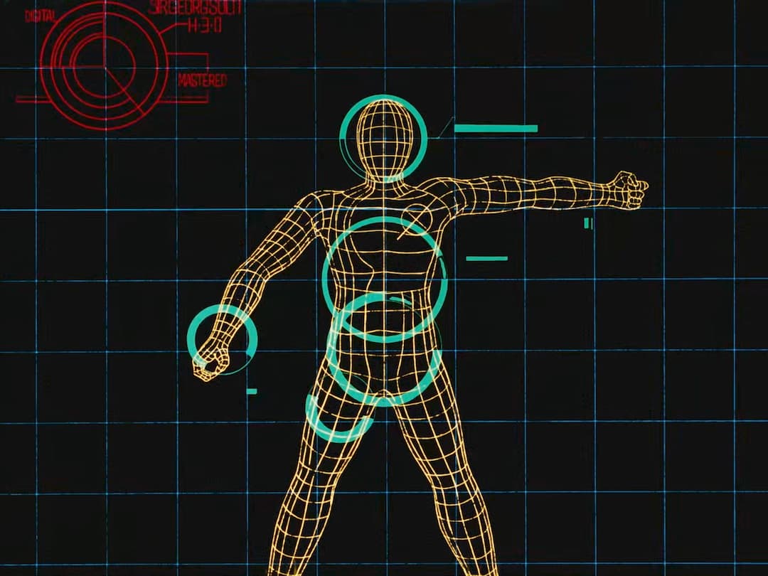 A wireframe human figure in golden lines against a dark grid, with teal targeting circles highlighting body parts and a red radar display in the upper left corner, resembling a futuristic scanning interface.