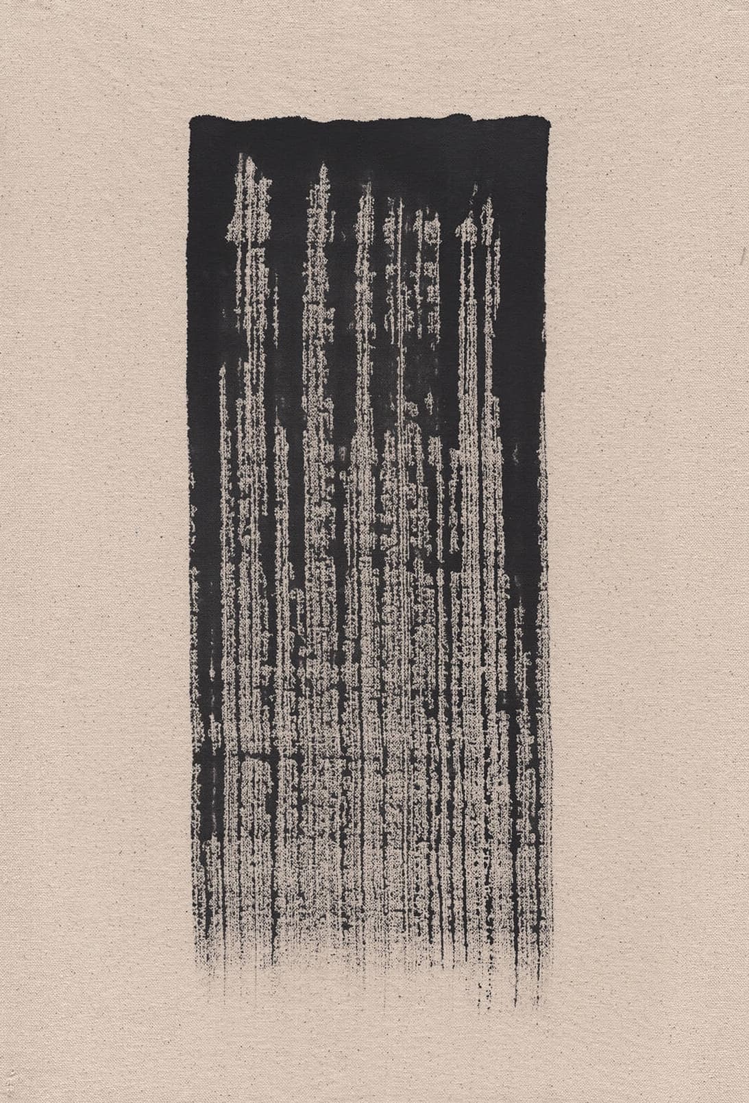 Abstract painting of a black rectangle with vertical textured streaks fading toward the bottom on a beige canvas.