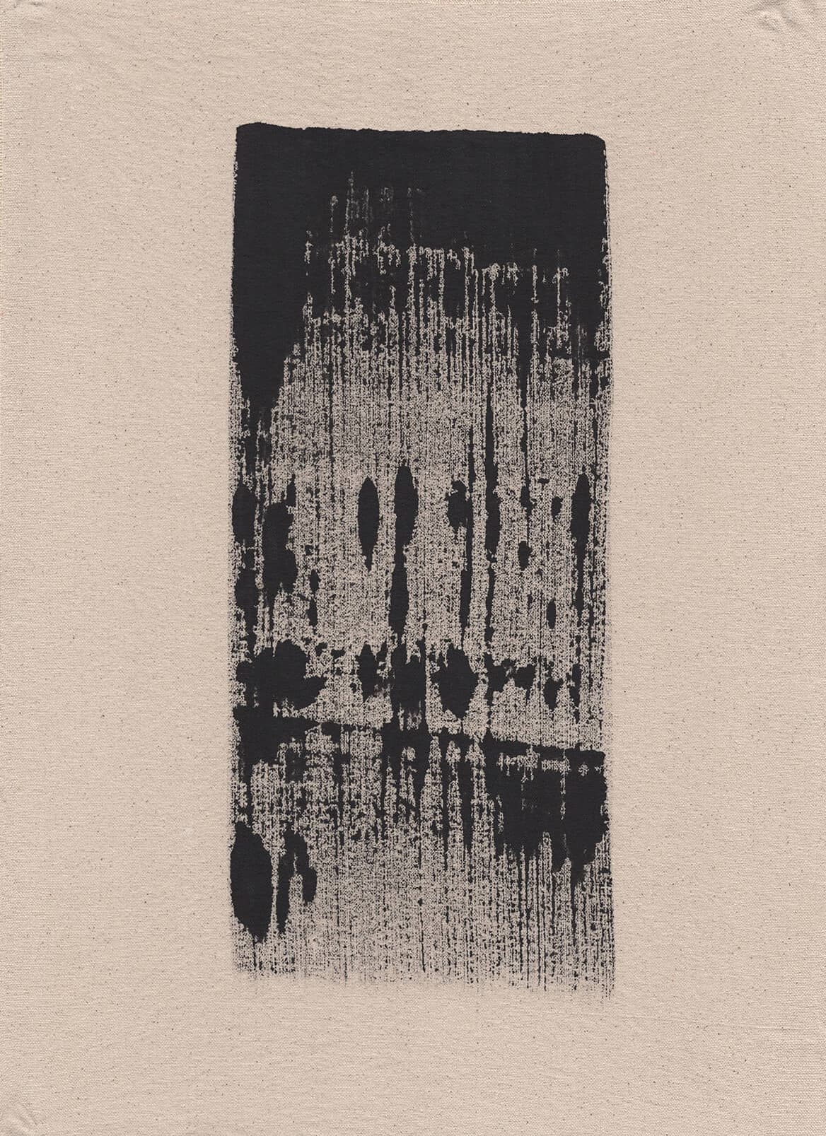 Abstract painting of a black rectangle with textured vertical streaks and oval gaps, fading toward the bottom on a beige canvas.