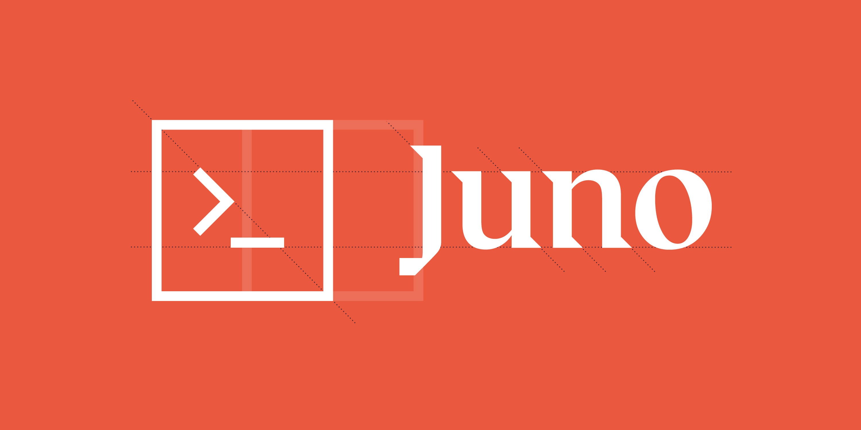 Juno College logo on an orange background, featuring a white terminal command prompt icon inside a square on the left, followed by the word "juno" in lowercase white serif letters with design grid lines.
