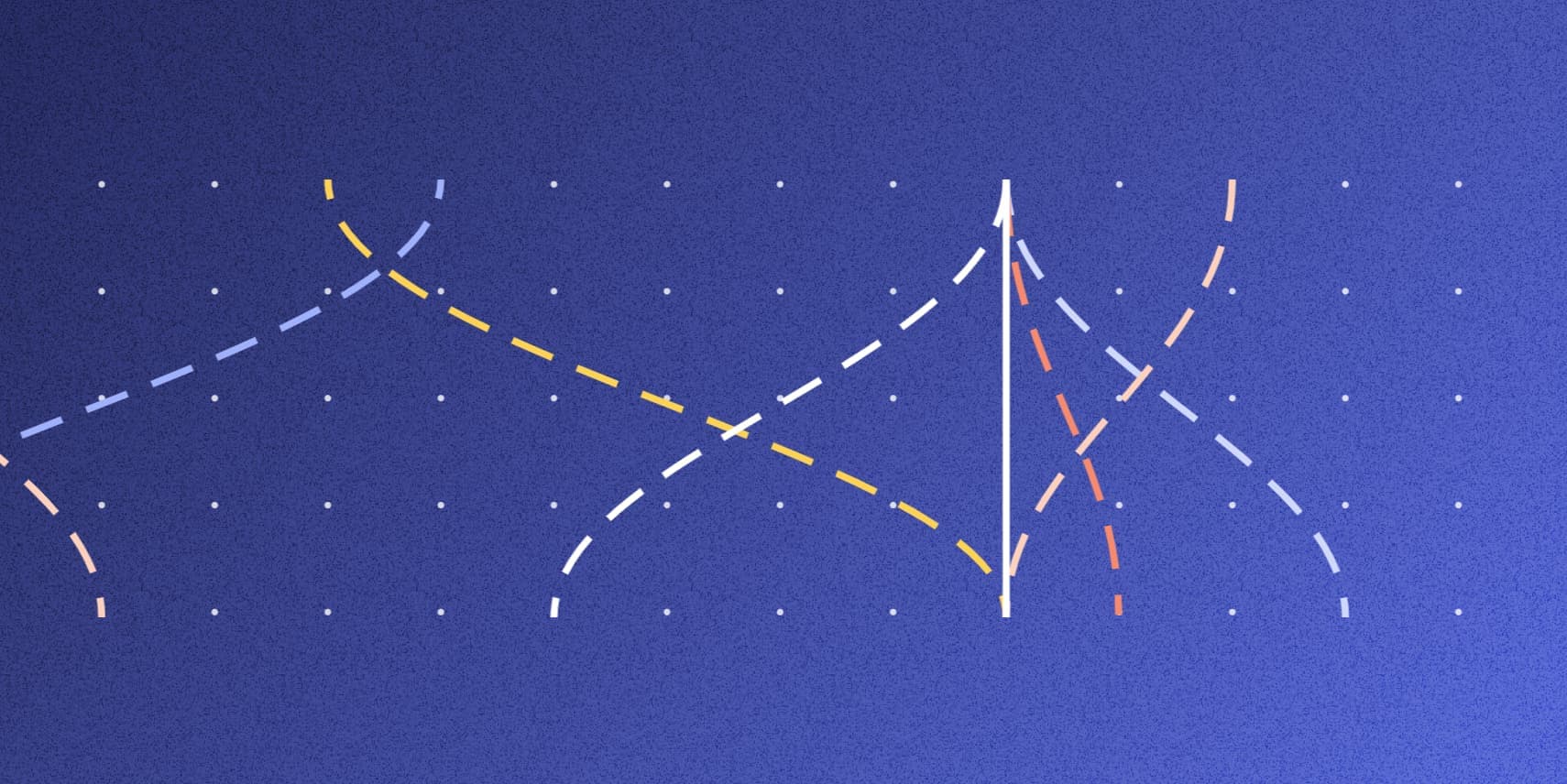 Abstract geometric pattern on deep blue background with colourful dashed lines forming paths and connections, resembling a network or data visualization.