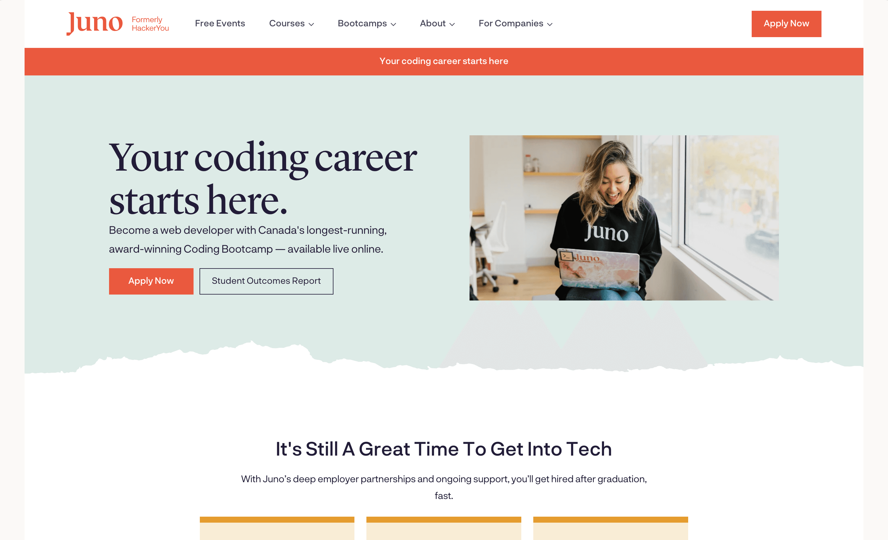 Screenshot of the Juno College website showing a woman in a "Juno" sweatshirt smiling at her laptop by a window, with the text "Your coding career starts here."