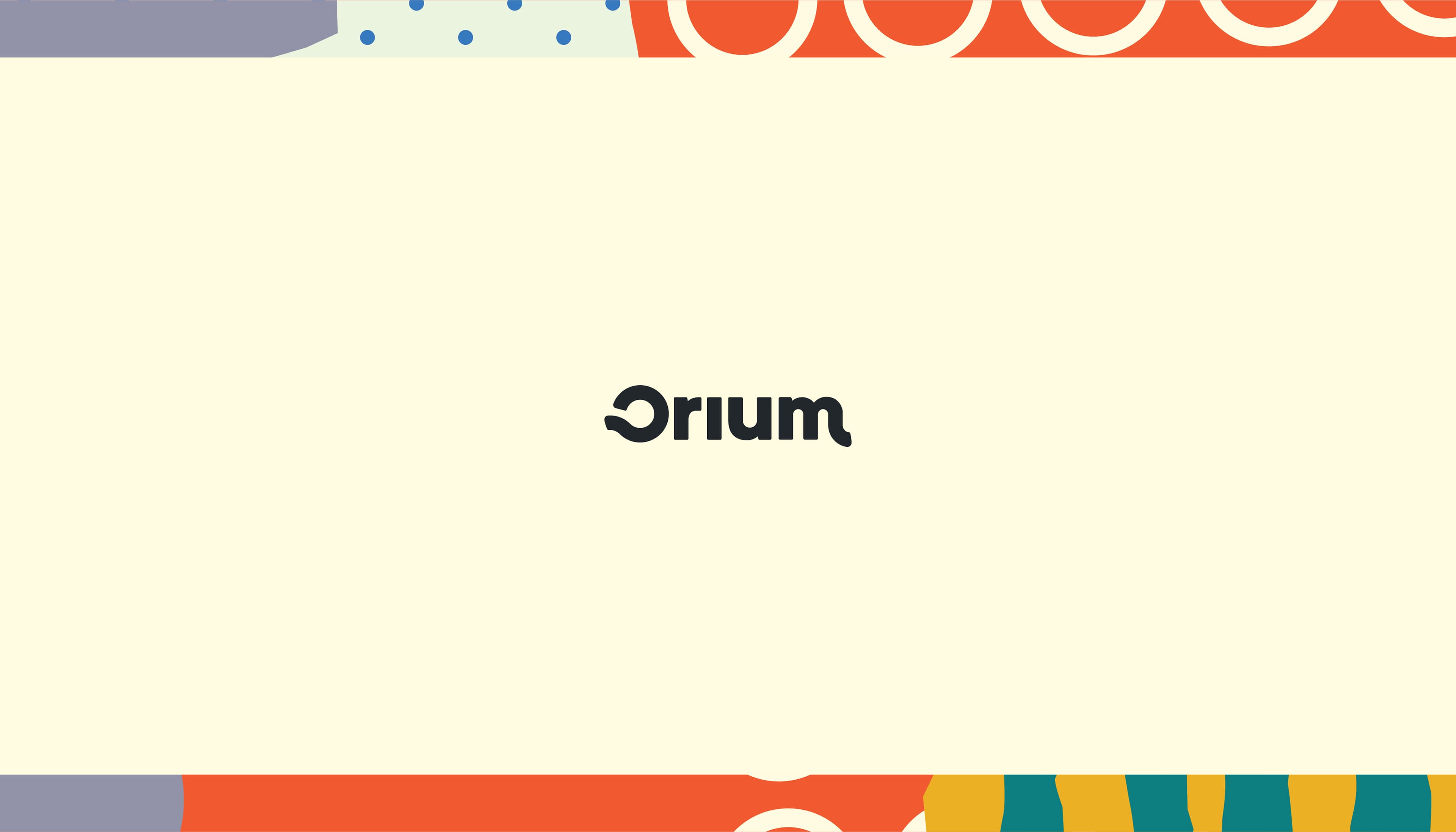 Orium's logo centred on cream background with colourful geometric borders featuring orange, blue, teal and yellow design elements.